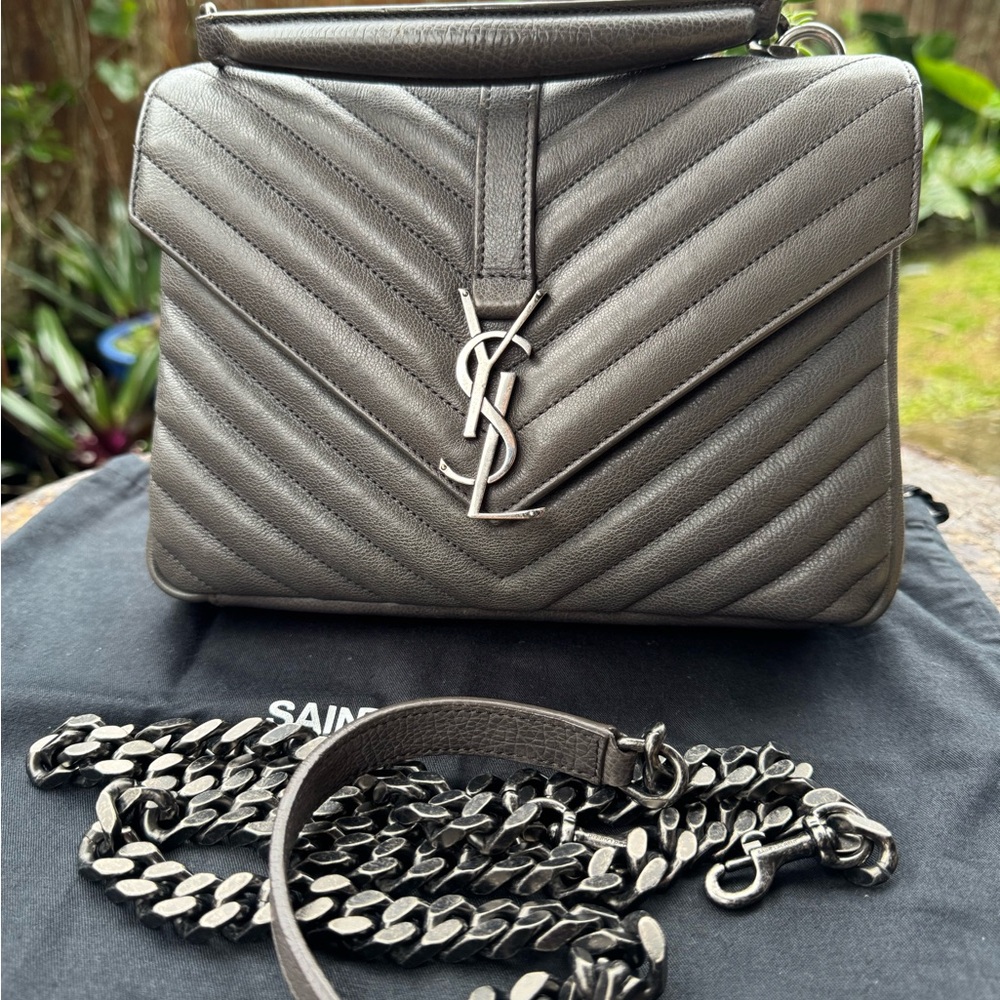 Saint Laurent Metallic Gray Quilted Shoulder Bag